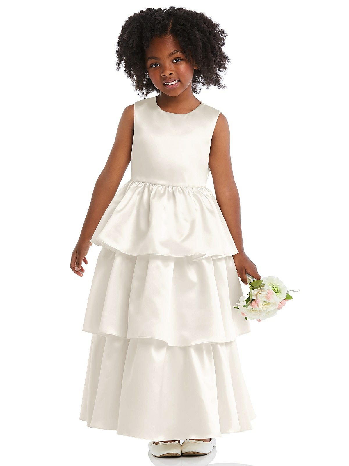 Jewel Neck Tiered Skirt Satin Flower Girl Dress In Ivory | The Dessy Group