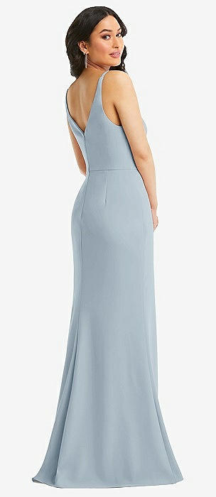 Cowl-Neck Wide Strap Crepe Trumpet Gown with Front Slit