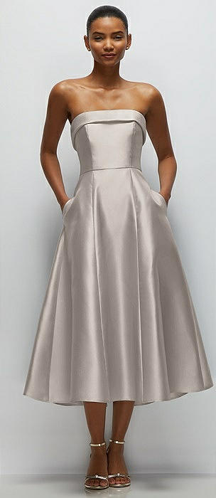 Strapless Pull-On Satin Column Dress with Side Seam Slit