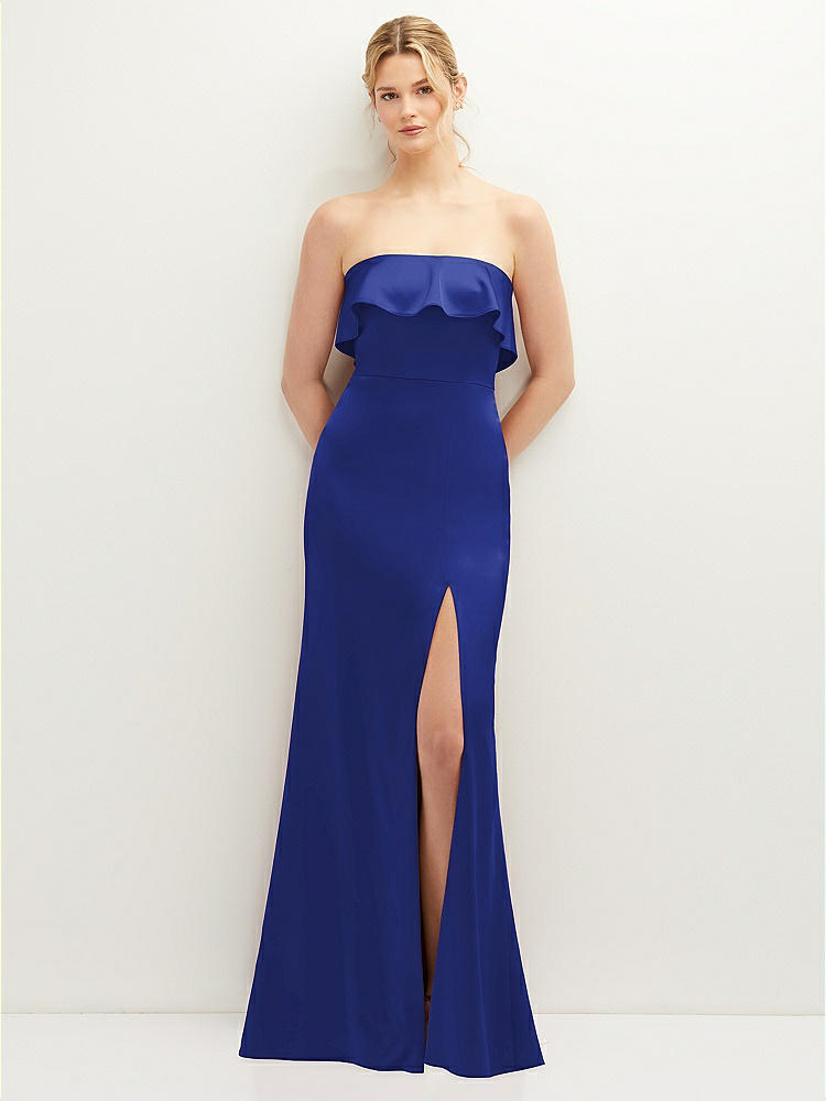 Strapless Pull-On Satin Column Dress with Side Seam Slit