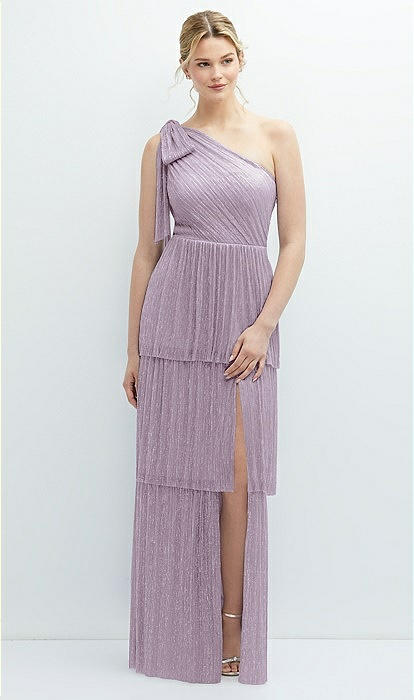 Tiered Skirt Metallic Pleated One-shoulder Bow Bridesmaid Dress In Metallic  Lilac Haze