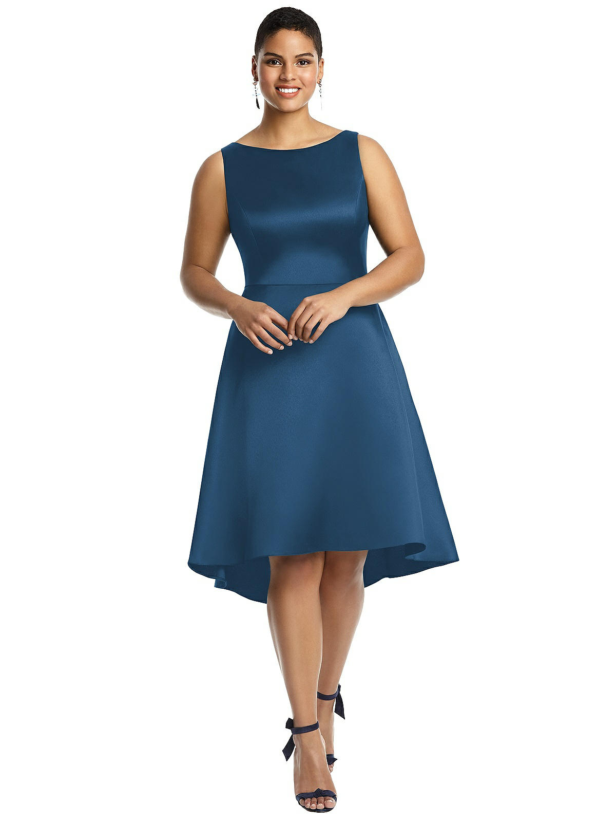 Bateau Neck Satin High Dress Dusk Dessy Bridesmaid Group | In Blue Low The Cocktail