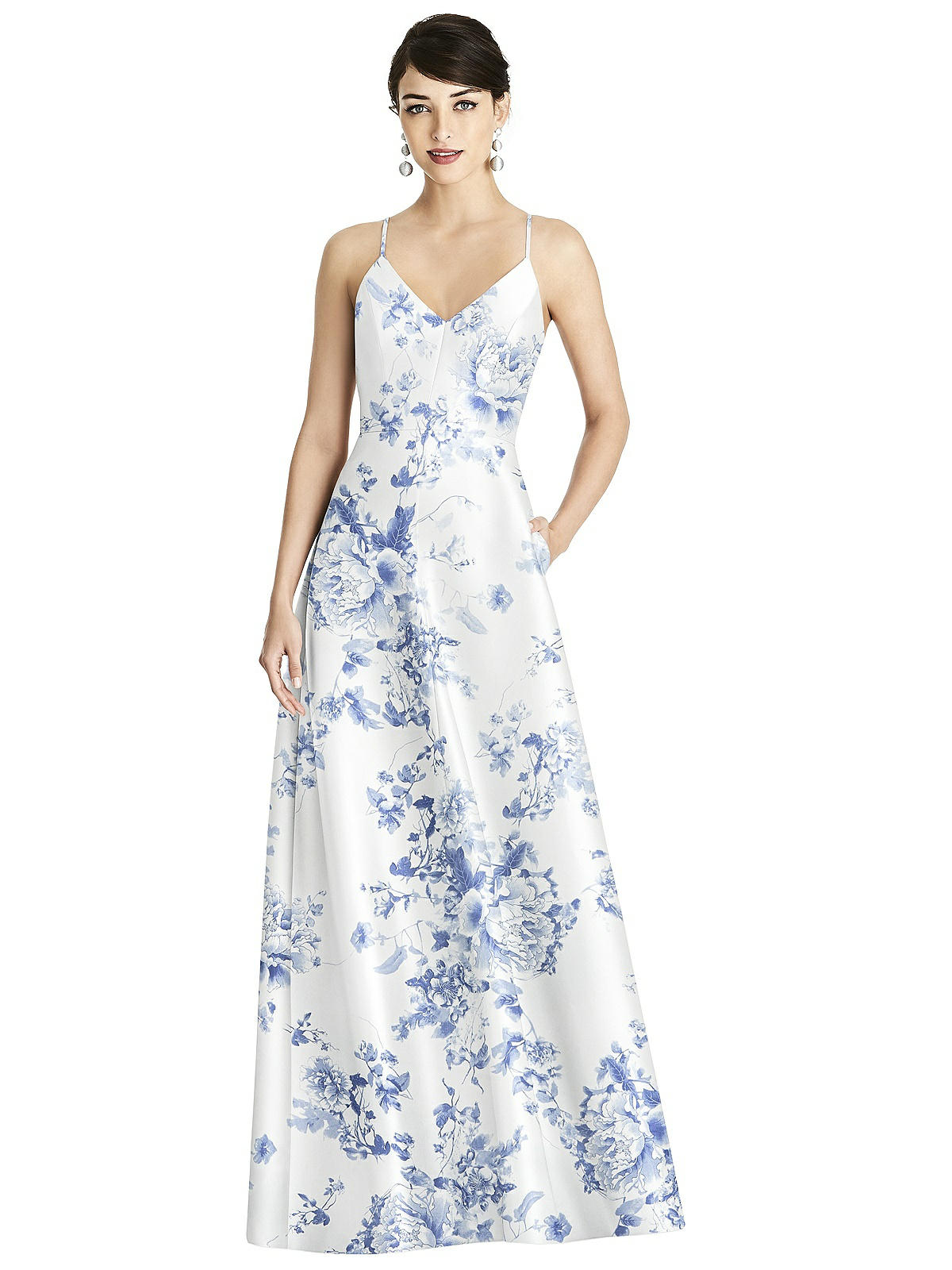 Criss Cross Back Floral Satin Maxi Bridesmaid Dress With Full A-line ...
