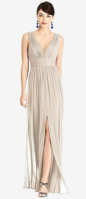 Dessy Group Illusion Plunge Neck Shirred Maxi Dress - TH105 Bridesmaid Dress