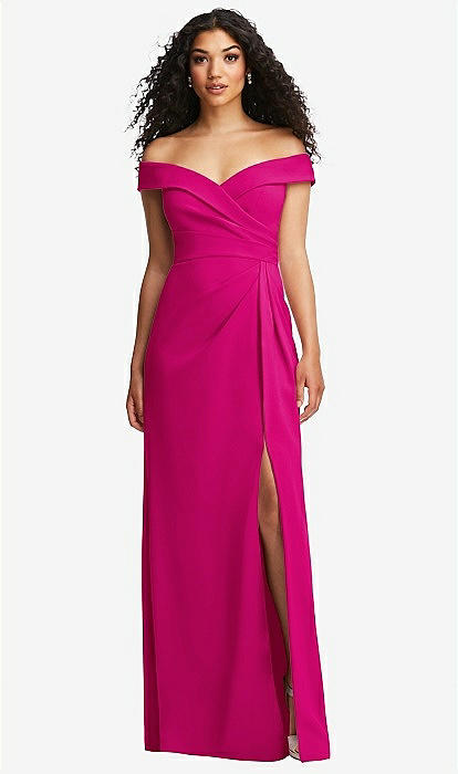 Cuffed Off the Shoulder Pleated Faux Wrap Maxi Dress