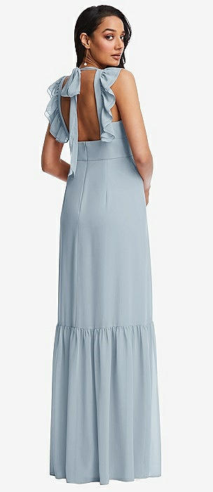 Shirred Deep Plunge Neck Closed Back Chiffon Maxi Dress