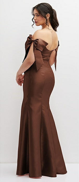 Off-the-shoulder Corset Stretch Satin Mermaid Bridesmaid Dress With Slight  Train In Cognac