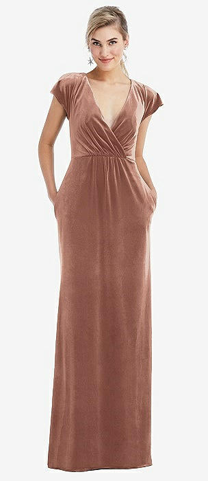Flutter Sleeve Open-back Velvet Maxi Bridesmaid Dress With Draped Wrap  Skirt In Tawny Rose