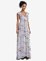Front View Thumbnail - Butterfly Botanica Silver Dove Ruffle-Trimmed V-Back Chiffon Maxi Dress