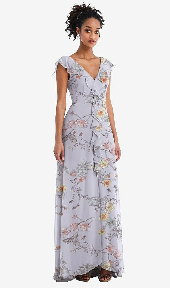 Front View - Butterfly Botanica Silver Dove Ruffle-Trimmed V-Back Chiffon Maxi Dress