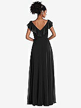 Rear View Thumbnail - Black Ruffle-Trimmed V-Back Chiffon Maxi Dress