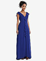 Front View Thumbnail - Cobalt Blue Ruffle-Trimmed V-Back Chiffon Maxi Dress