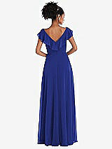 Rear View Thumbnail - Cobalt Blue Ruffle-Trimmed V-Back Chiffon Maxi Dress