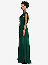 Side View Thumbnail - Hunter Green Ruffle-Trimmed V-Back Chiffon Maxi Dress