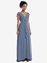 Front View Thumbnail - Larkspur Blue Ruffle-Trimmed V-Back Chiffon Maxi Dress