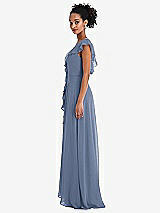 Side View Thumbnail - Larkspur Blue Ruffle-Trimmed V-Back Chiffon Maxi Dress