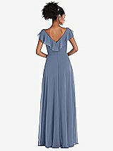 Rear View Thumbnail - Larkspur Blue Ruffle-Trimmed V-Back Chiffon Maxi Dress