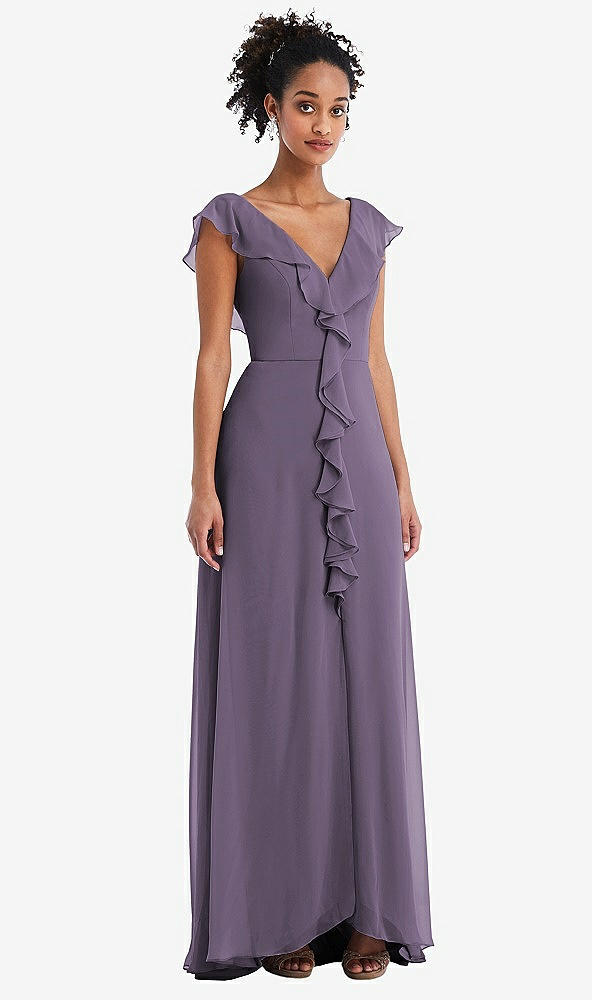 Front View - Lavender Ruffle-Trimmed V-Back Chiffon Maxi Dress