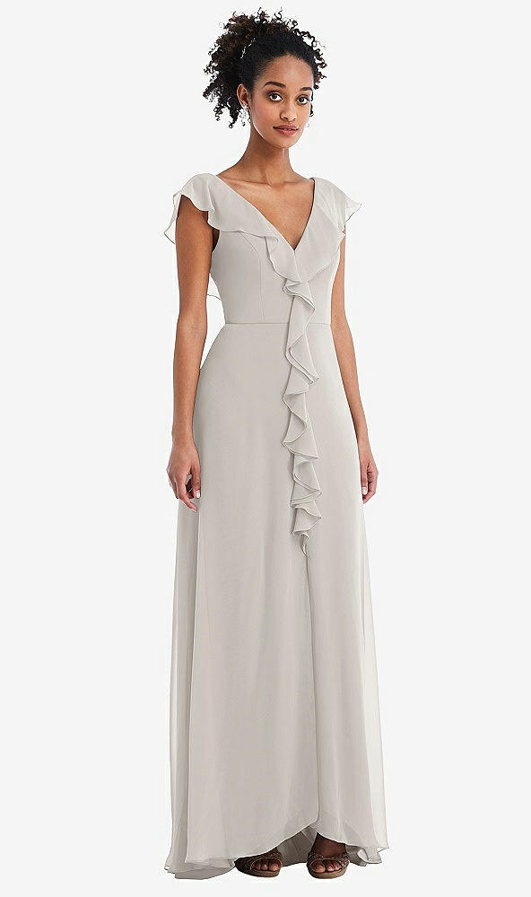 Front View - Oyster Ruffle-Trimmed V-Back Chiffon Maxi Dress