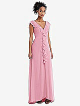 Front View Thumbnail - Peony Pink Ruffle-Trimmed V-Back Chiffon Maxi Dress