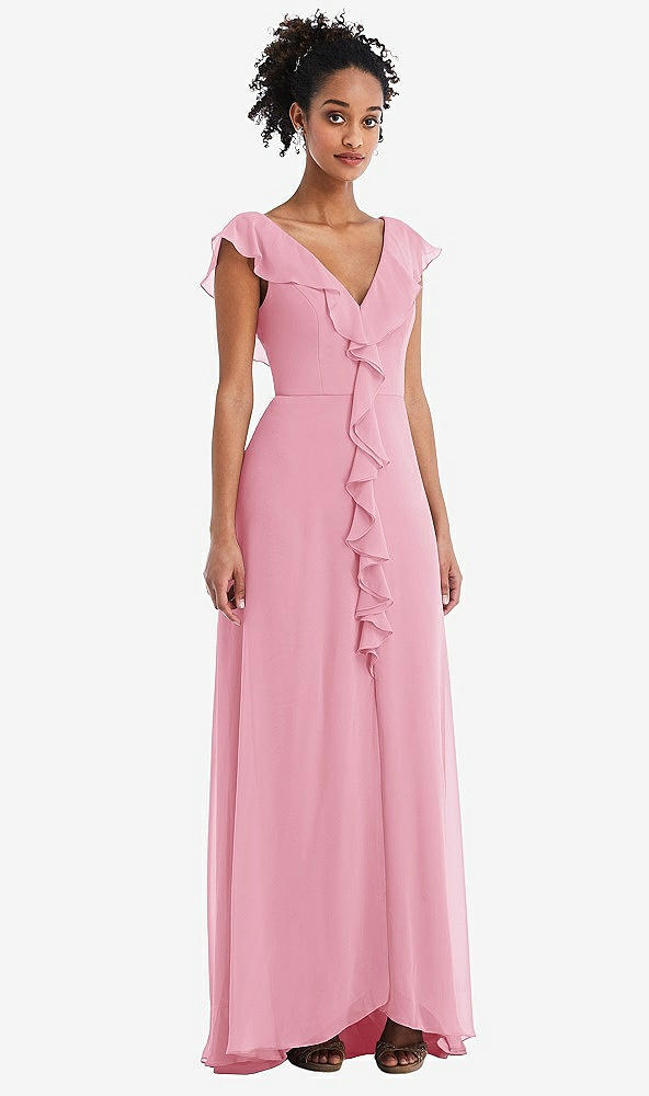 Front View - Peony Pink Ruffle-Trimmed V-Back Chiffon Maxi Dress