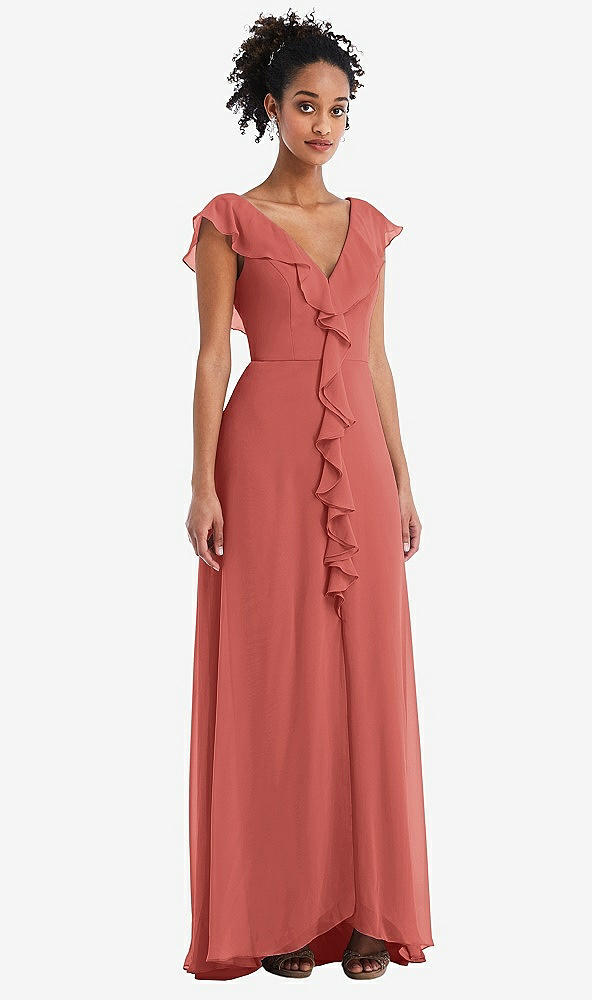 Front View - Coral Pink Ruffle-Trimmed V-Back Chiffon Maxi Dress