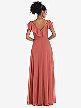 Rear View Thumbnail - Coral Pink Ruffle-Trimmed V-Back Chiffon Maxi Dress