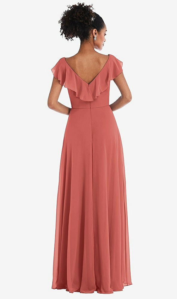 Back View - Coral Pink Ruffle-Trimmed V-Back Chiffon Maxi Dress