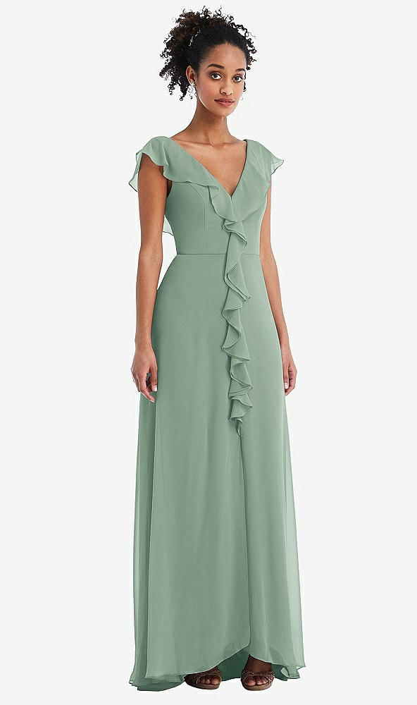Front View - Seagrass Ruffle-Trimmed V-Back Chiffon Maxi Dress