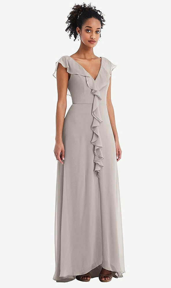 Front View - Taupe Ruffle-Trimmed V-Back Chiffon Maxi Dress