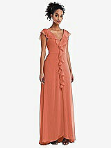 Front View Thumbnail - Terracotta Copper Ruffle-Trimmed V-Back Chiffon Maxi Dress