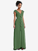 Front View Thumbnail - Vineyard Green Ruffle-Trimmed V-Back Chiffon Maxi Dress