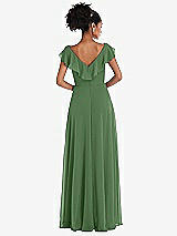 Rear View Thumbnail - Vineyard Green Ruffle-Trimmed V-Back Chiffon Maxi Dress