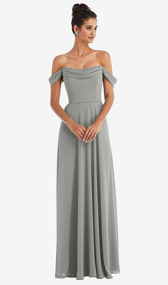 Front View - Chelsea Gray Off-the-Shoulder Draped Neckline Maxi Dress