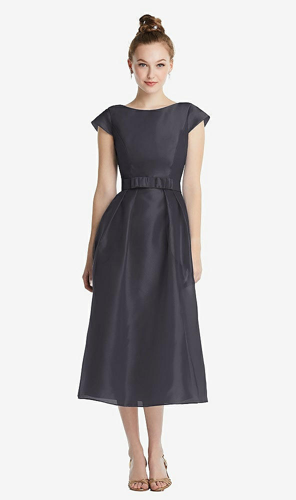 Front View - Onyx Cap Sleeve Pleated Skirt Midi Dress with Bowed Waist