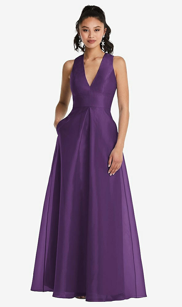 Front View - Majestic Plunging Neckline Pleated Skirt Maxi Dress with Pockets