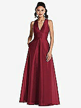 Front View Thumbnail - Claret Plunging Neckline Pleated Skirt Maxi Dress with Pockets