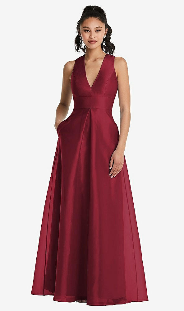 Front View - Claret Plunging Neckline Pleated Skirt Maxi Dress with Pockets