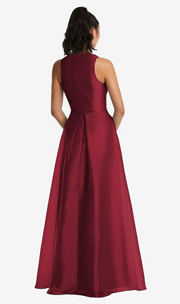 Back View - Claret Plunging Neckline Pleated Skirt Maxi Dress with Pockets