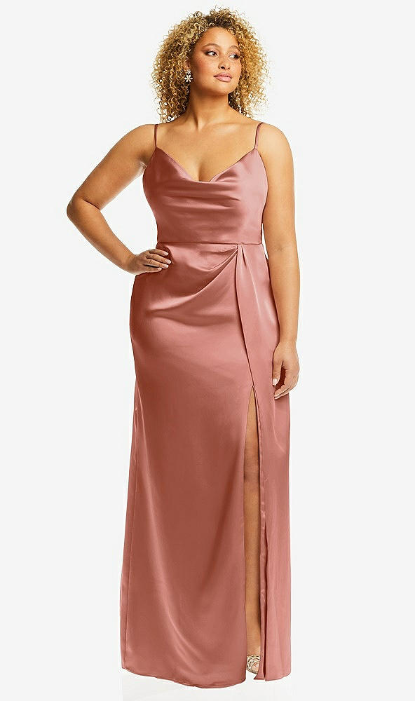 Front View - Desert Rose Cowl-Neck Draped Wrap Maxi Dress with Front Slit