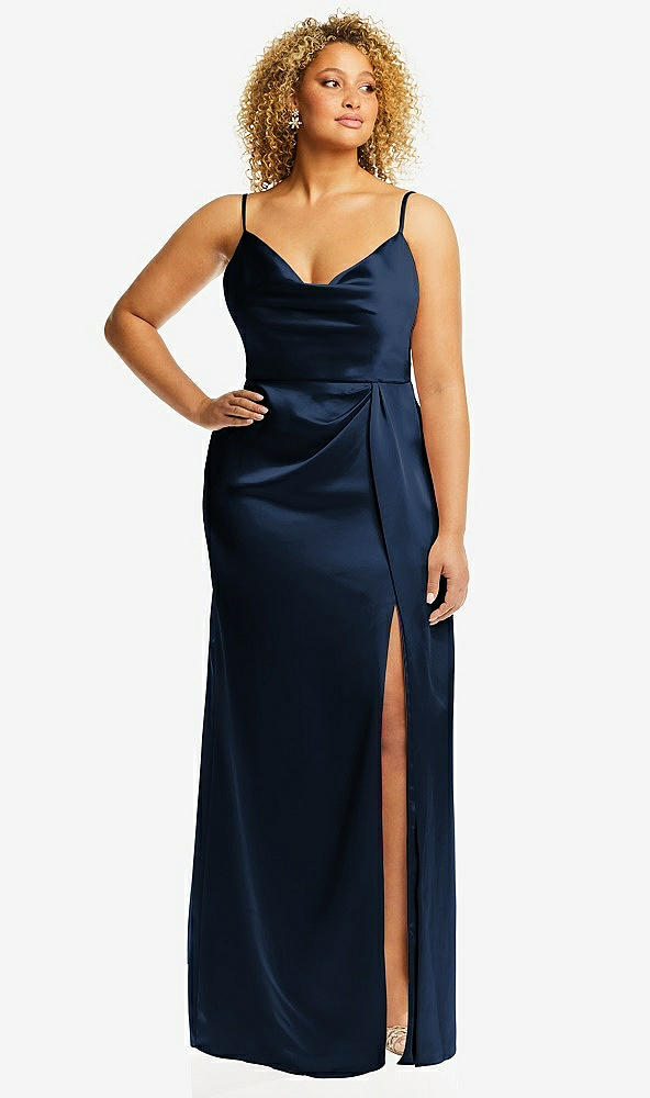 Front View - Midnight Navy Cowl-Neck Draped Wrap Maxi Dress with Front Slit