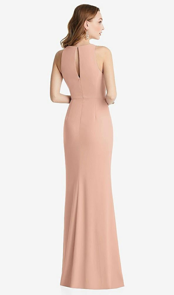 Back View - Pale Peach Halter Maxi Dress with Cascade Ruffle Slit