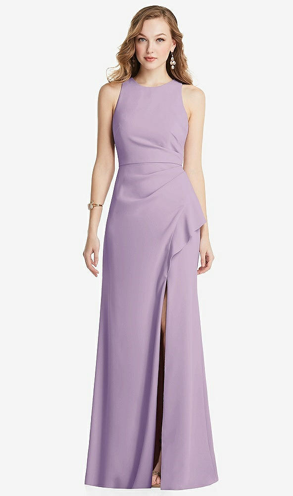 Front View - Pale Purple Halter Maxi Dress with Cascade Ruffle Slit