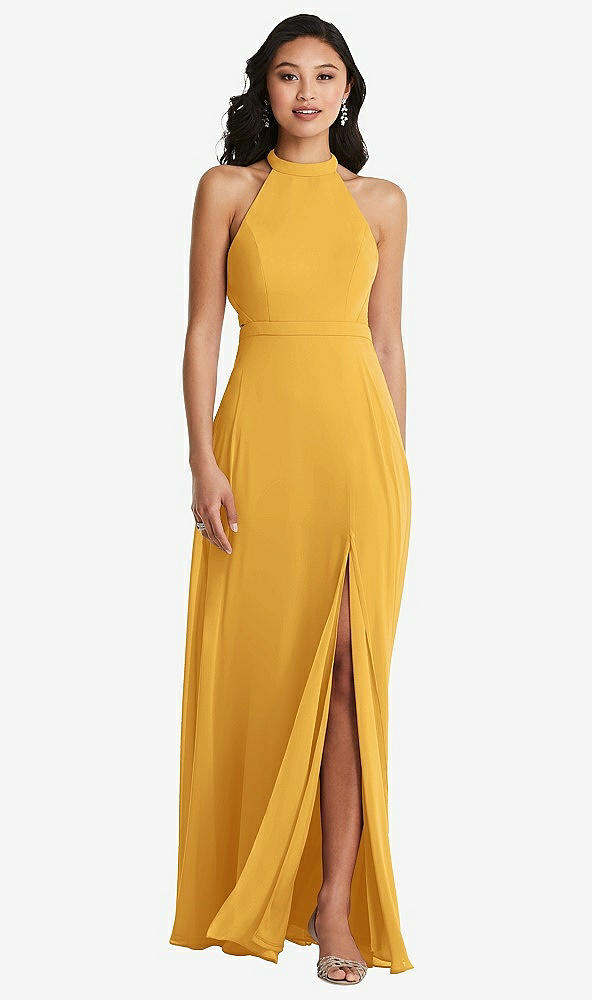 Back View - NYC Yellow Stand Collar Halter Maxi Dress with Criss Cross Open-Back