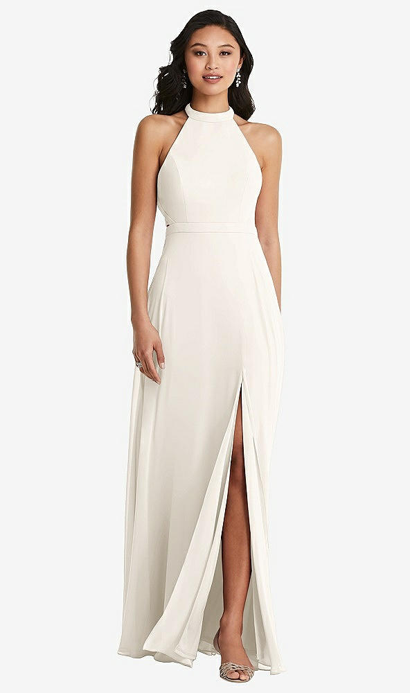 Back View - Ivory Stand Collar Halter Maxi Dress with Criss Cross Open-Back