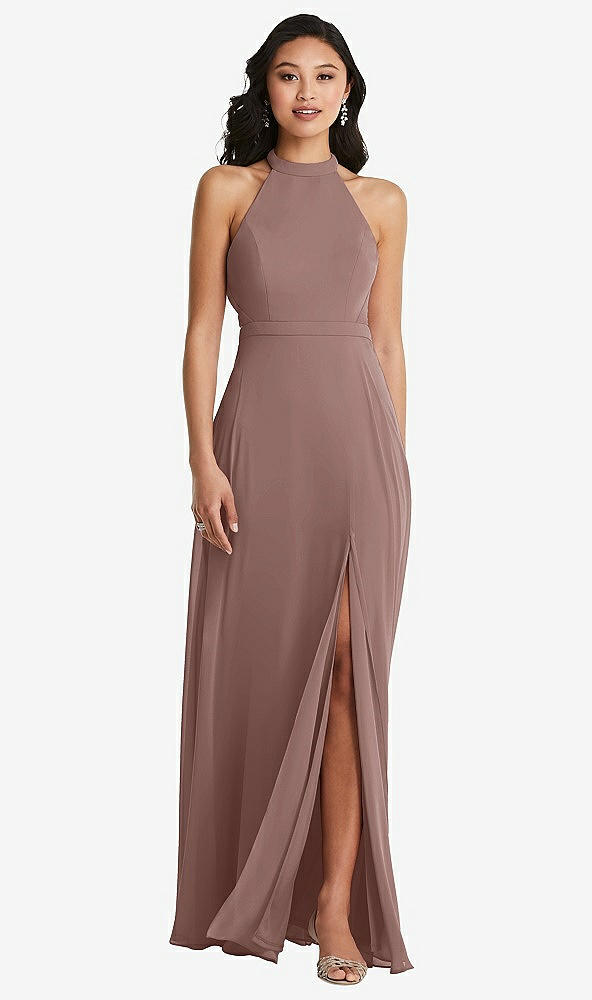 Back View - Sienna Stand Collar Halter Maxi Dress with Criss Cross Open-Back