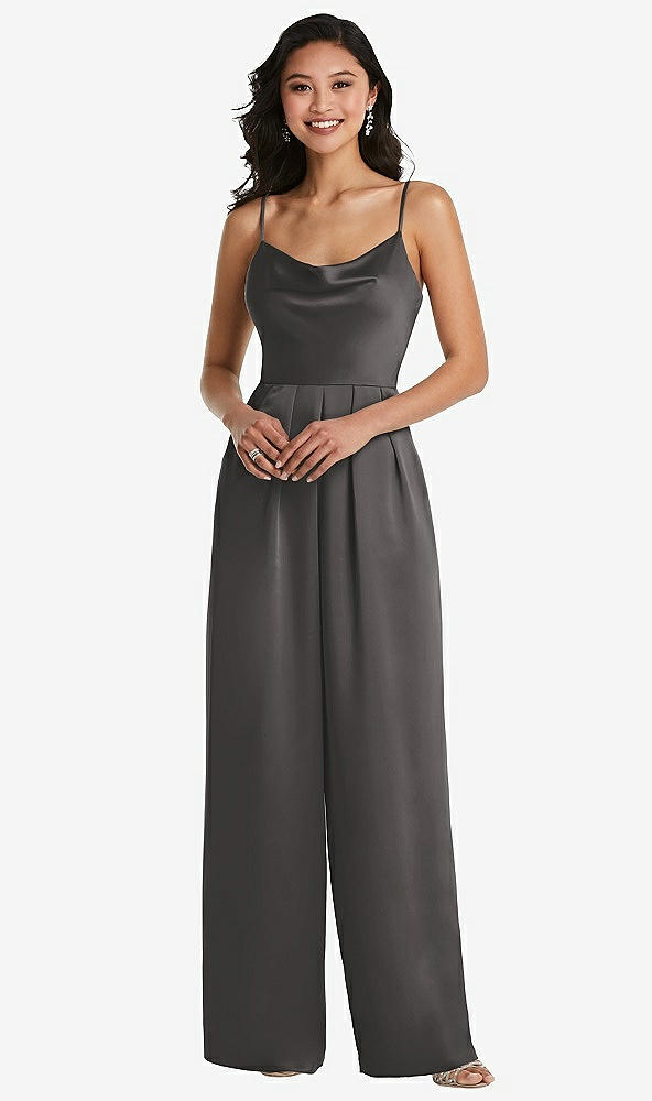 Front View - Caviar Gray Cowl-Neck Spaghetti Strap Maxi Jumpsuit with Pockets
