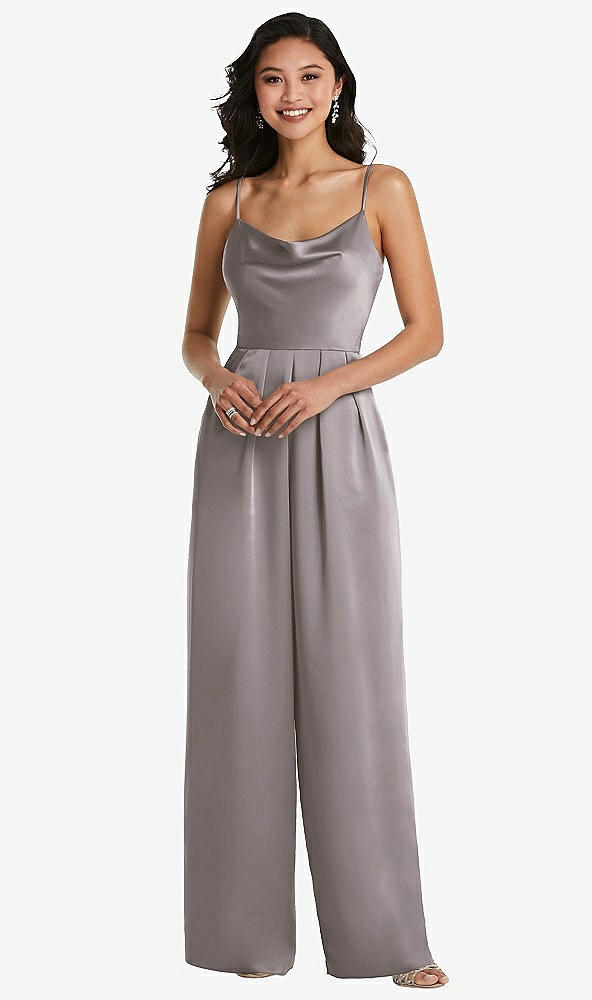 Front View - Cashmere Gray Cowl-Neck Spaghetti Strap Maxi Jumpsuit with Pockets