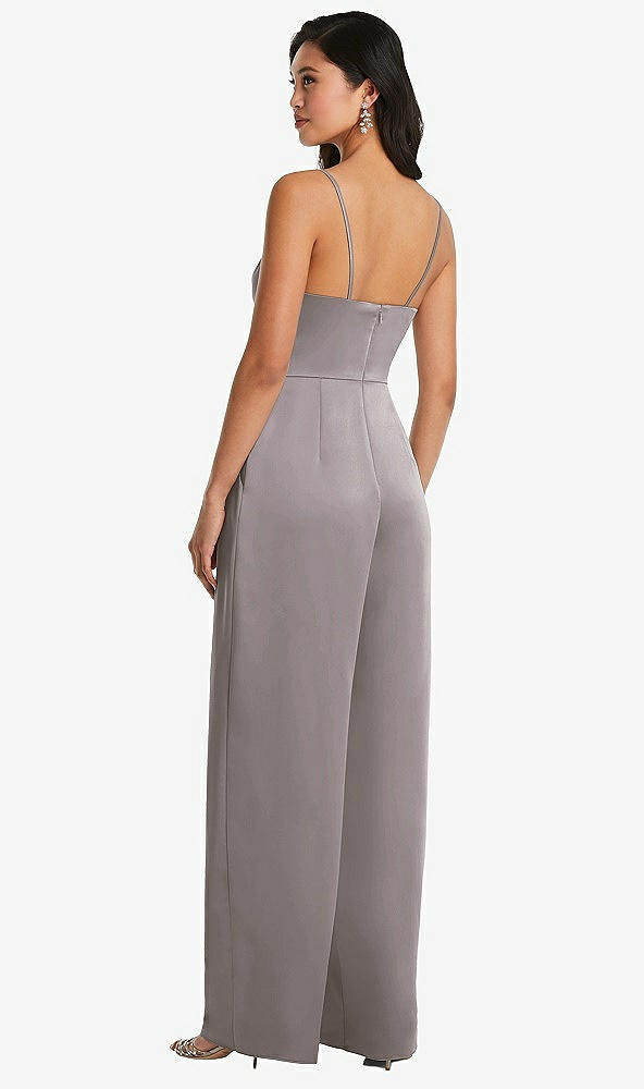 Back View - Cashmere Gray Cowl-Neck Spaghetti Strap Maxi Jumpsuit with Pockets