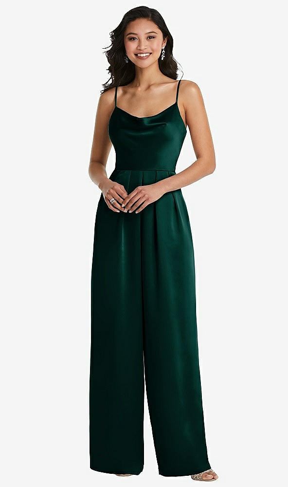 Front View - Evergreen Cowl-Neck Spaghetti Strap Maxi Jumpsuit with Pockets